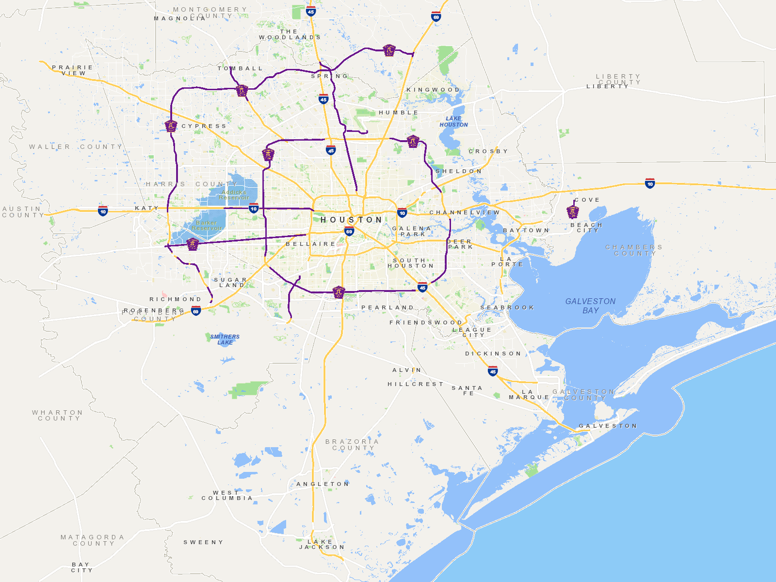 Map of the Greater Houston and Galveston area